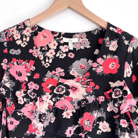 Joie Black Pink Floral Short Sleeve Blouse 100% Silk - Picture 5 of 6